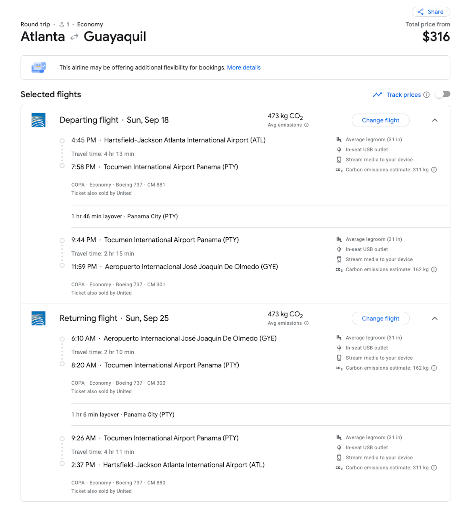 Copa booking screenshot