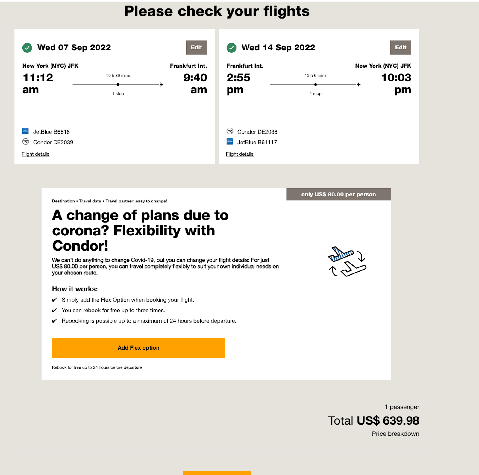 Condor booking screenshot