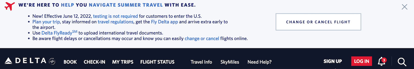 Delta home page alert