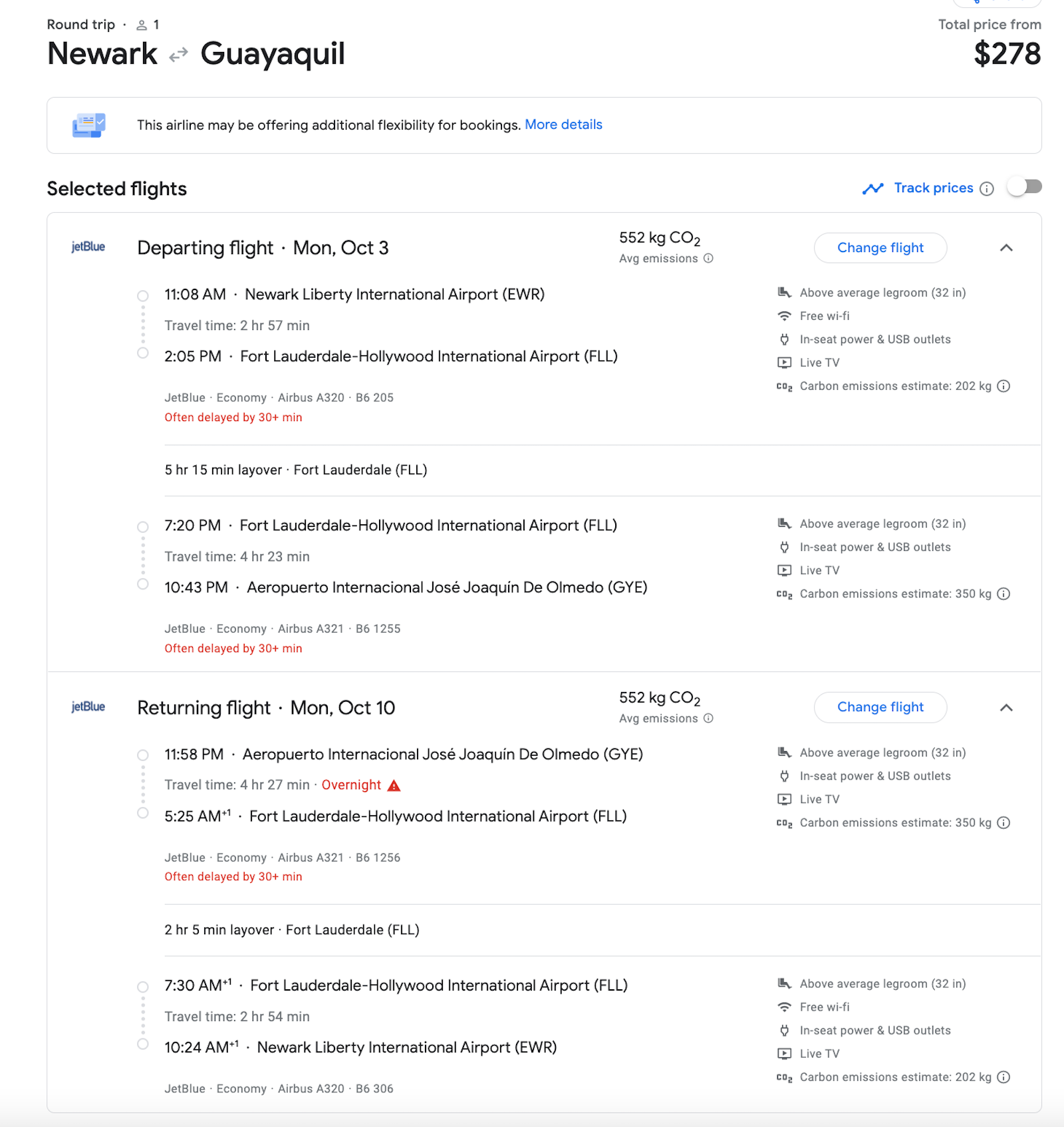 JetBlue booking screenshot