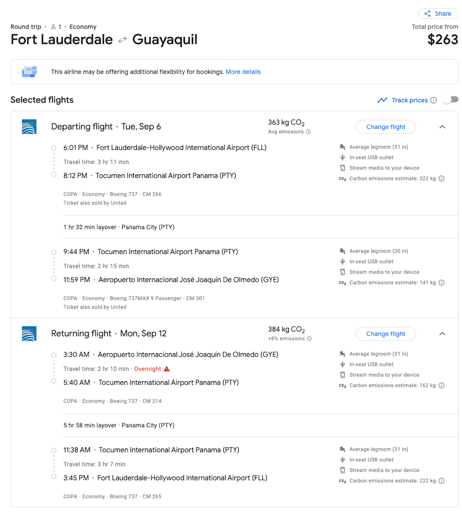 Copa booking screenshot