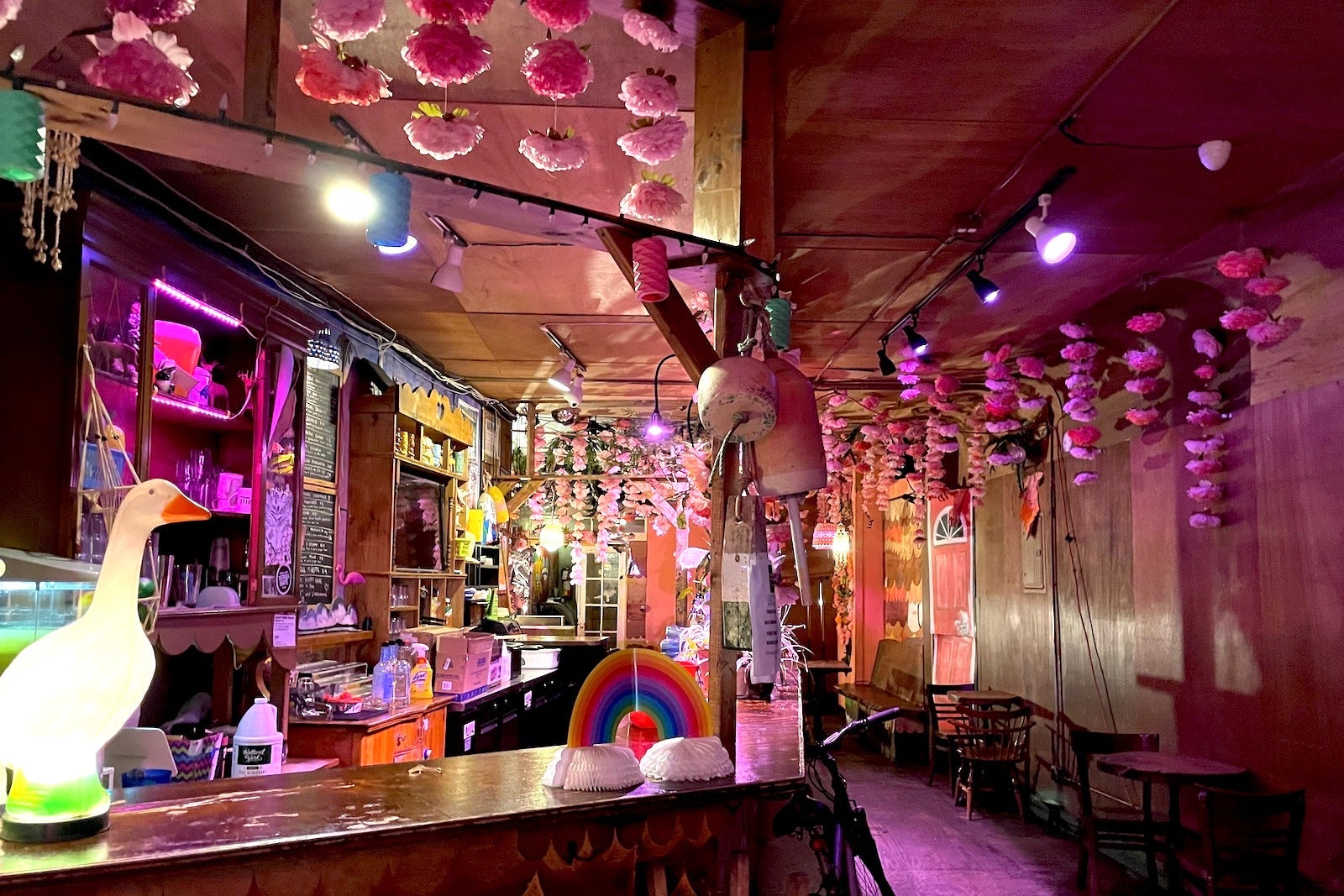 pink bar with hanging flower, goose lamp