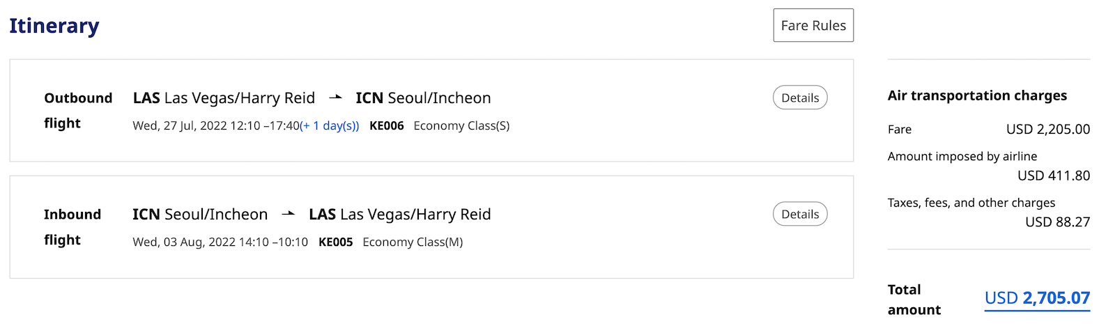 korean air booking screenshot