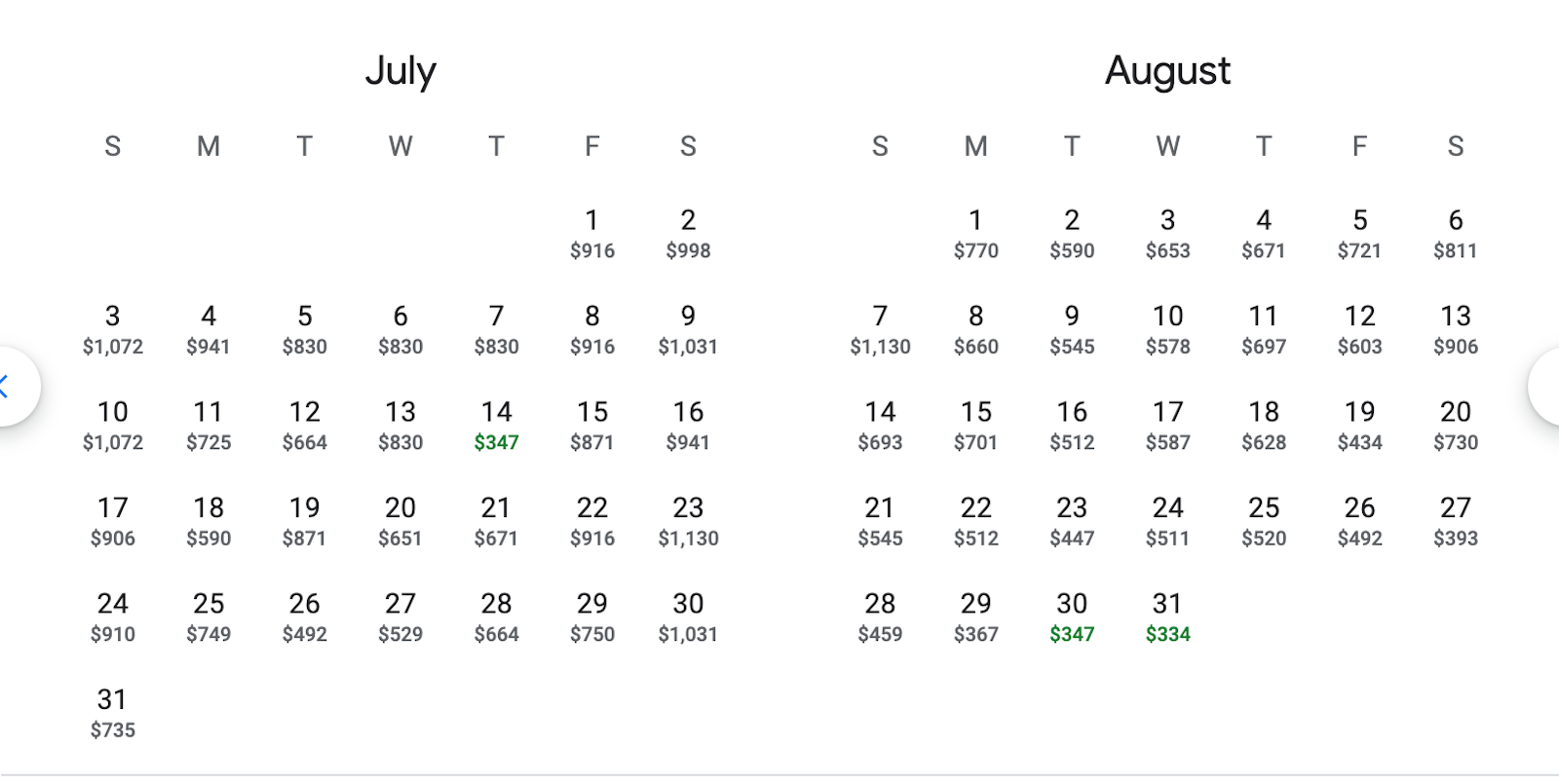 Google flights JFK YVR fare calendar
