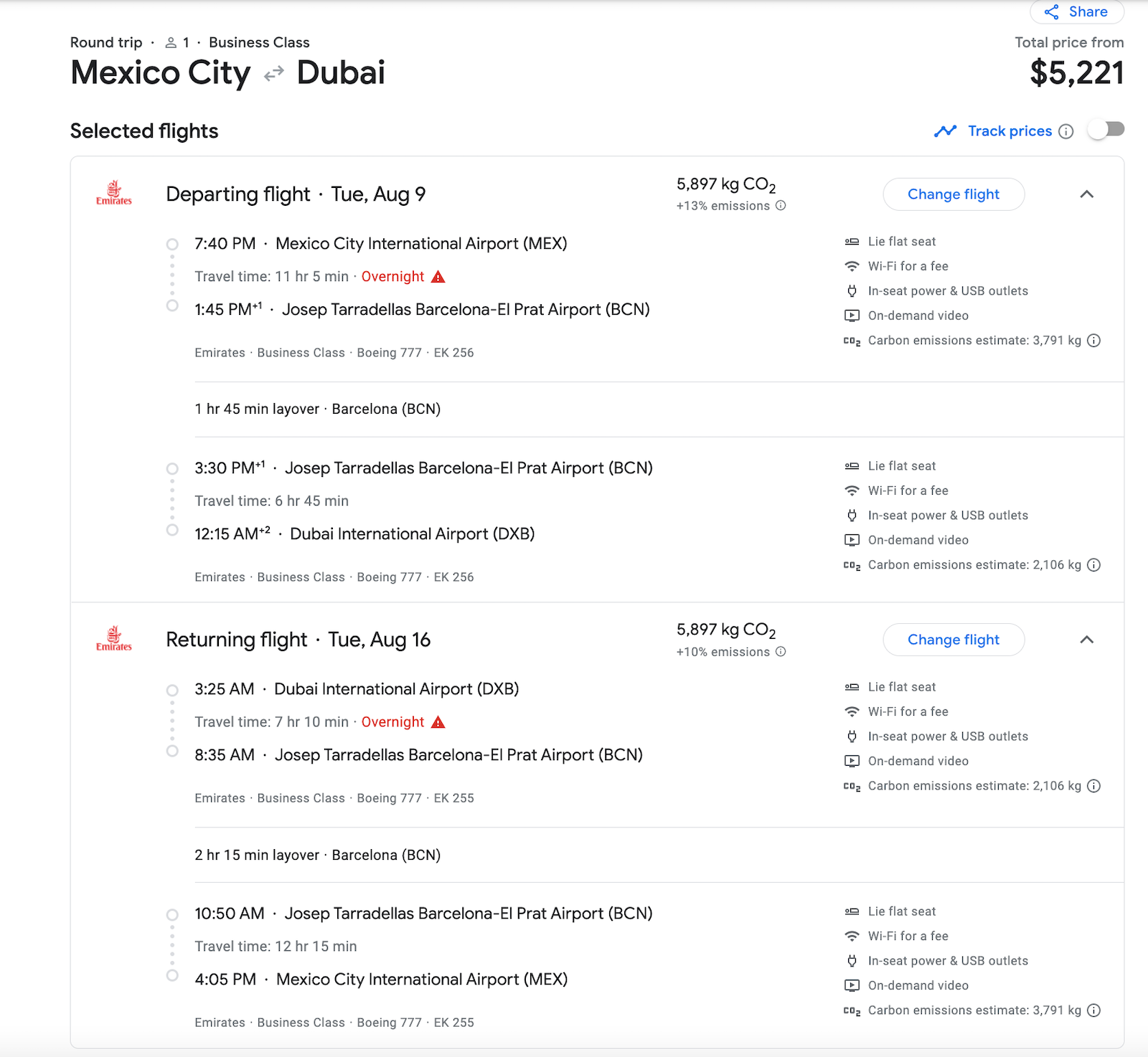 emirates booking screenshot