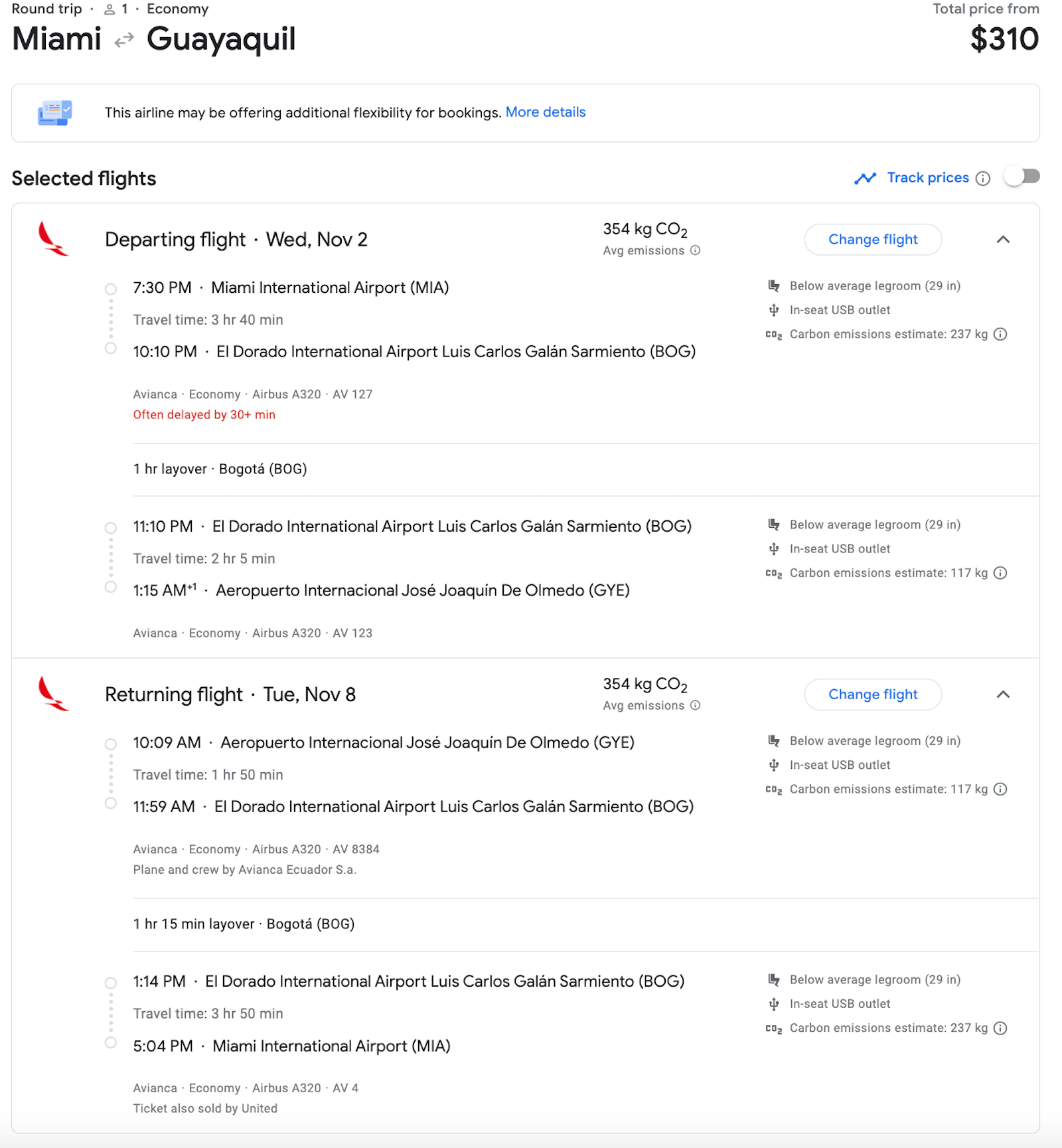 Avianca booking screenshot