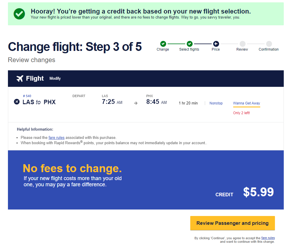 Repricing a Southwest flight