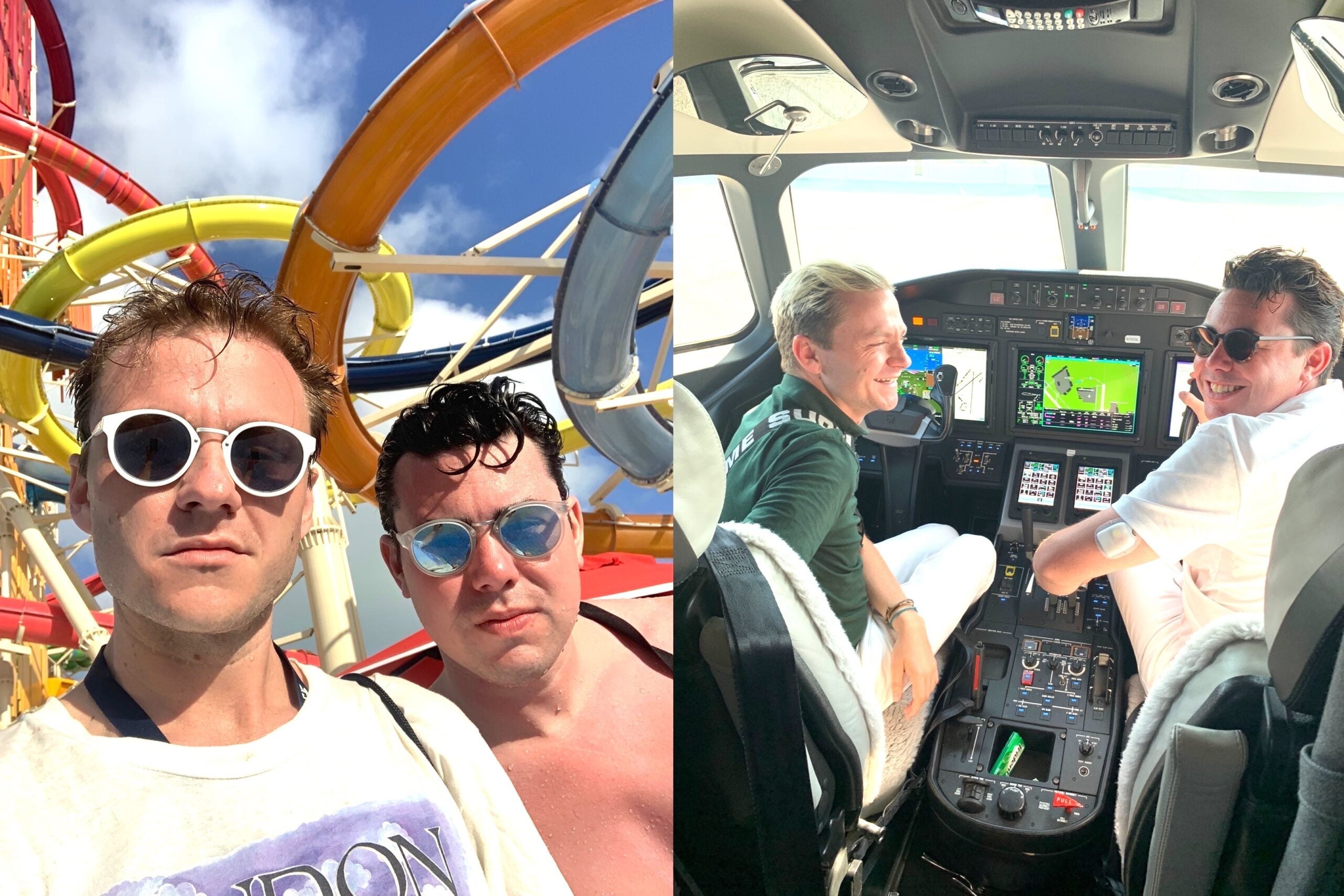 Left: two men in sunglasses; Right: two men in cockpit of plane
