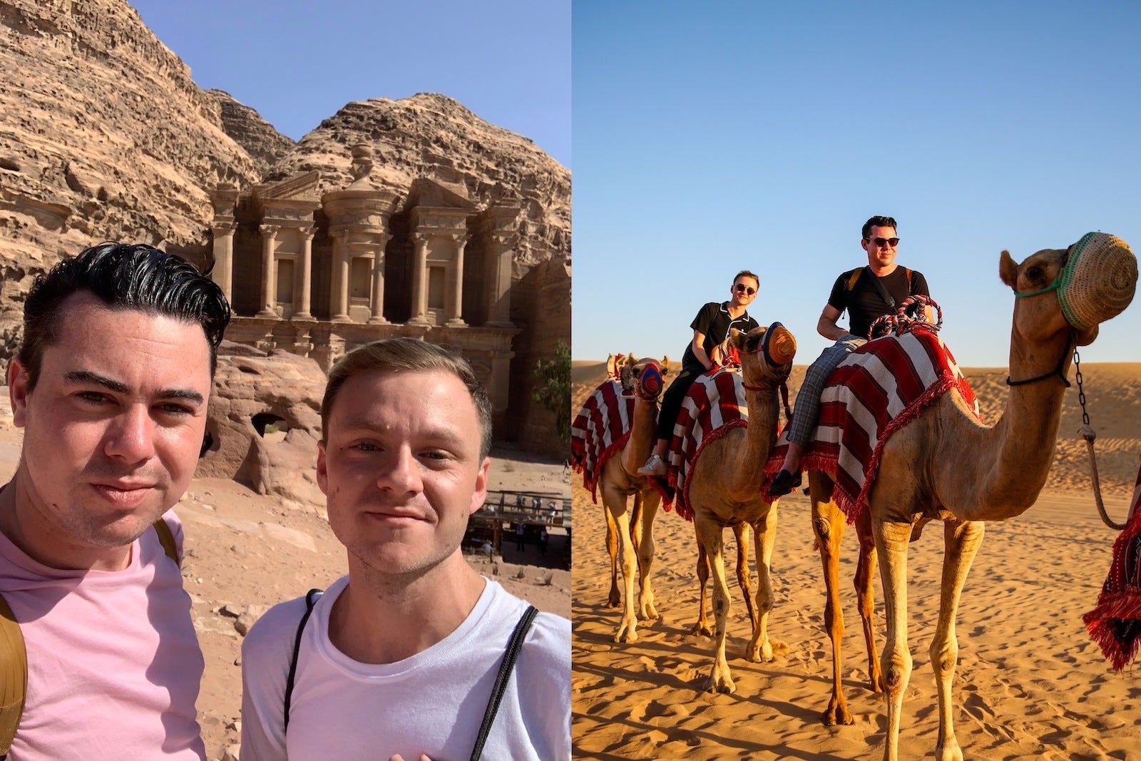 left: couple at Petra; Right: two men on camels