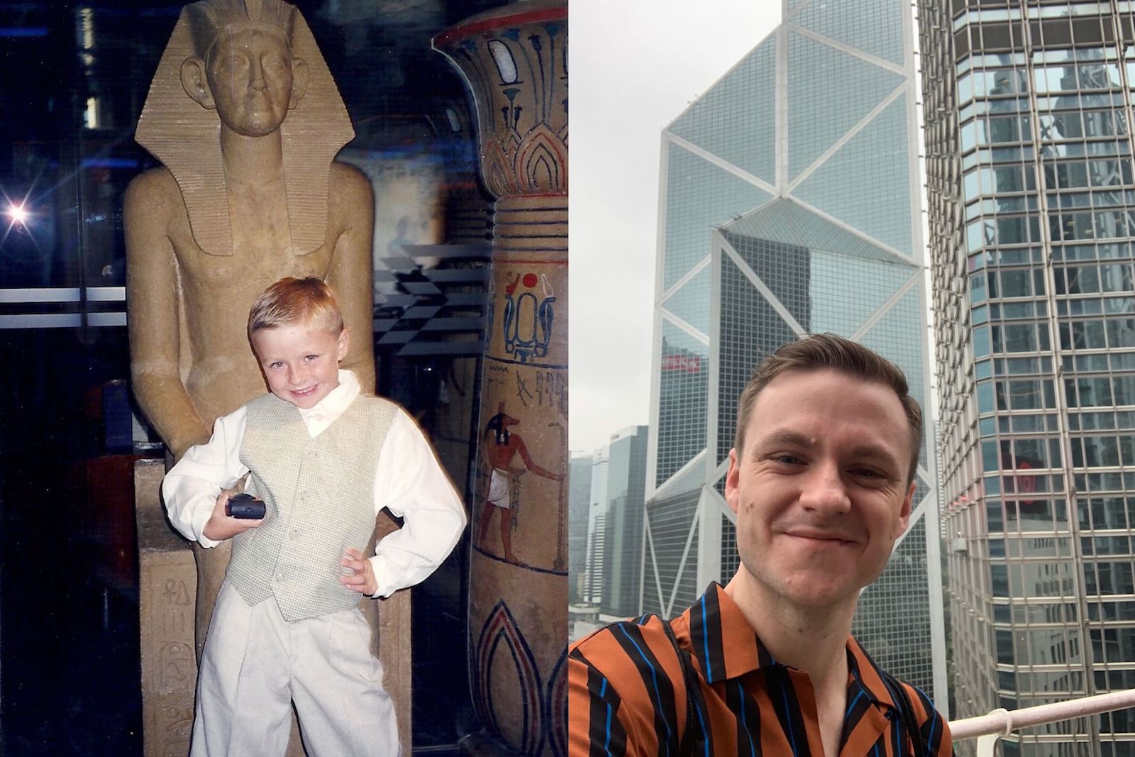 Left: boy in front of Egyptian statue; right: man in front of skyscraper