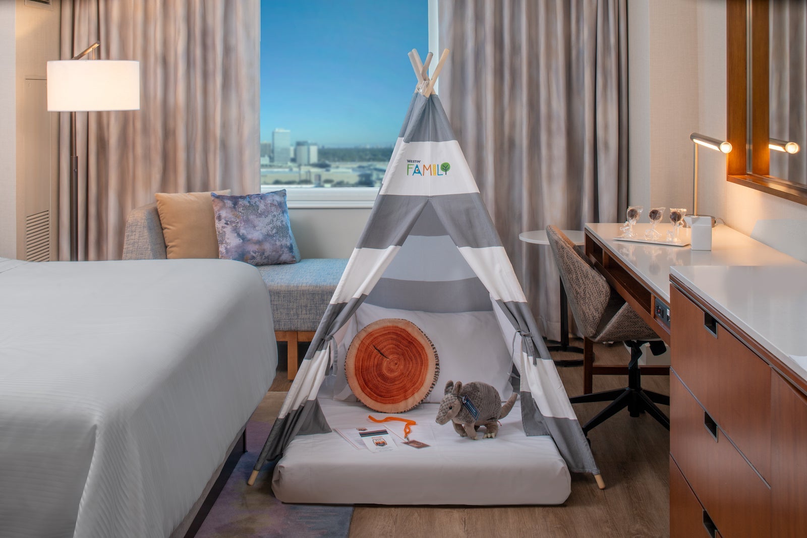 Hotel room with small tent for kids