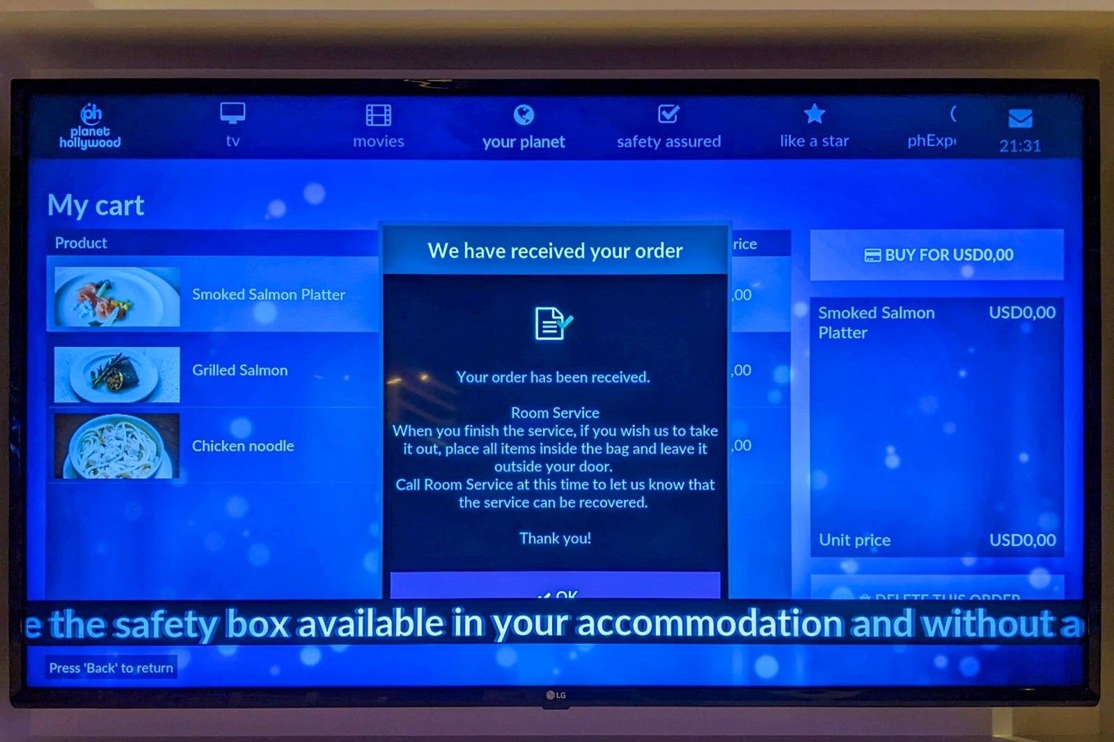 Planet Hollywood room service