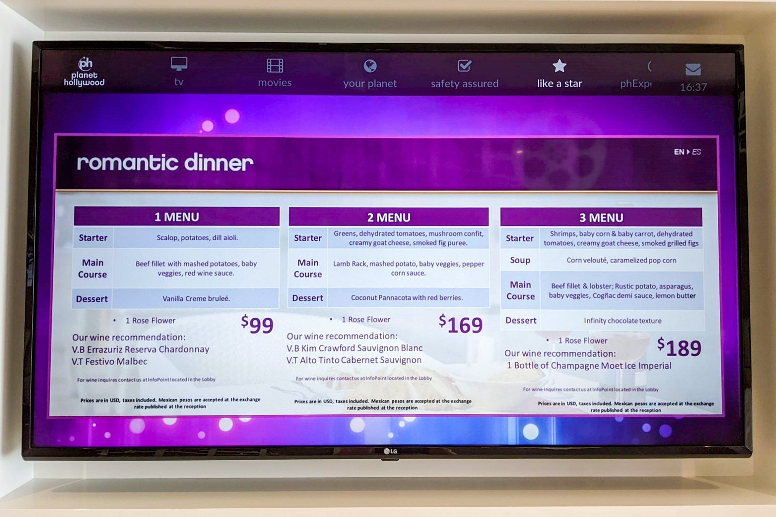 Planet Hollywood Cancun romantic dinner prices