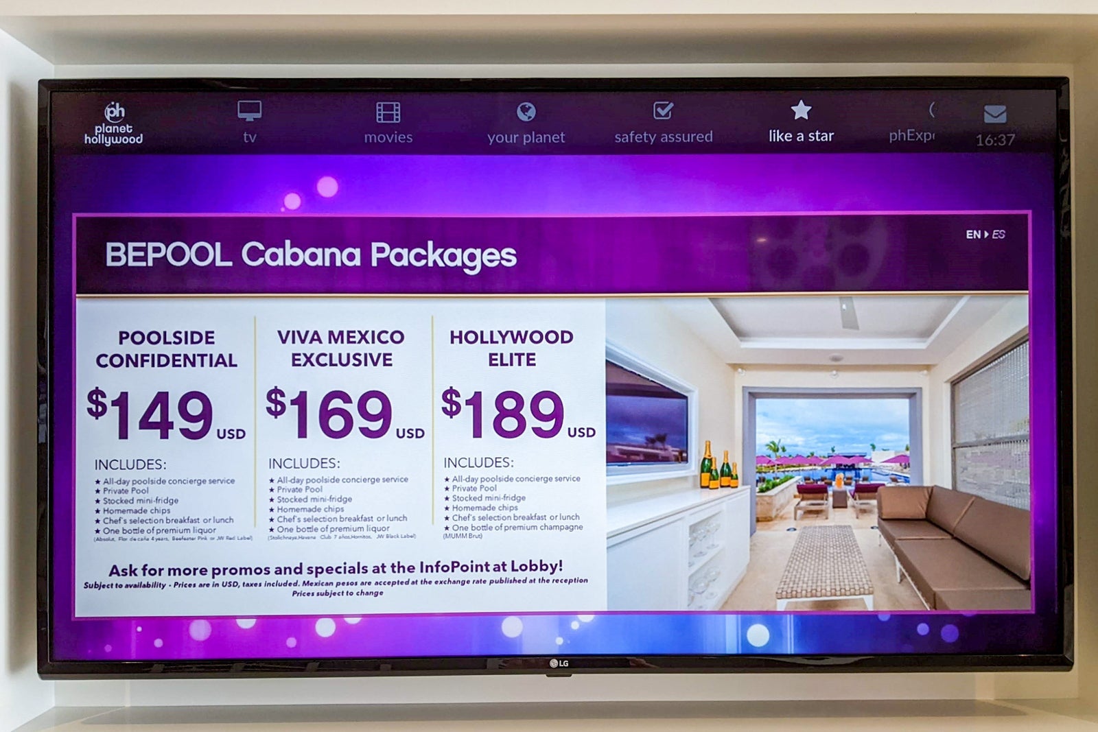 Planet Hollywood Cancun cabana prices