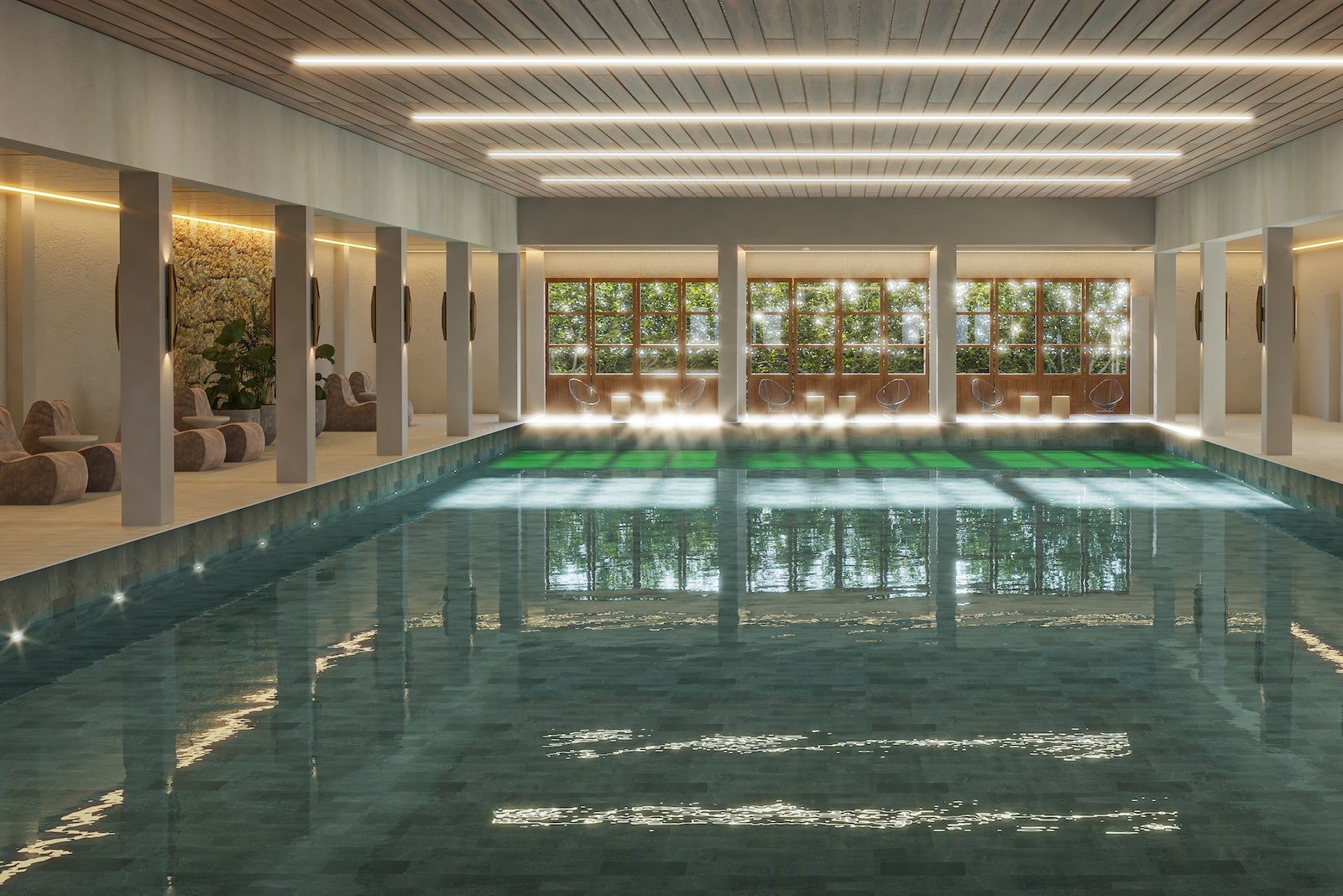 rendering of indoor pool with lounge chairs