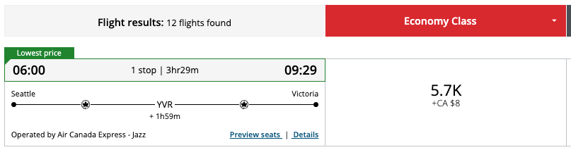 Air Canada Seattle to Victoria award ticket