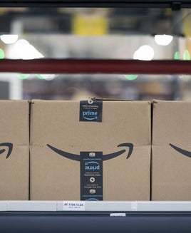 Amazon boxes in a fulfillment center