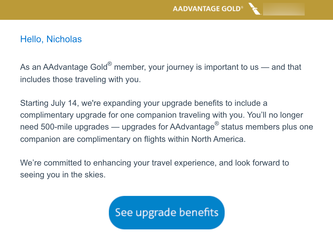 American Airlines upgrade email
