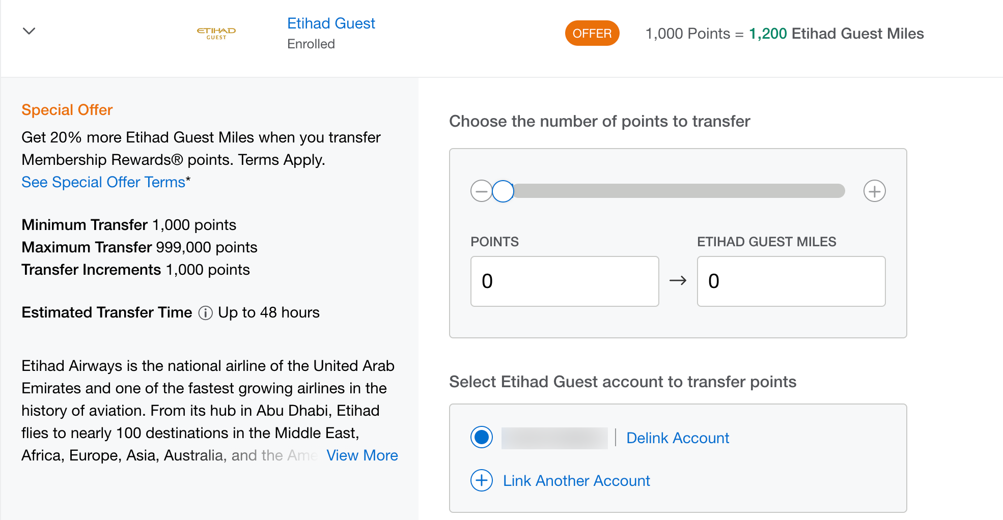 Amex to Etihad transfer screen