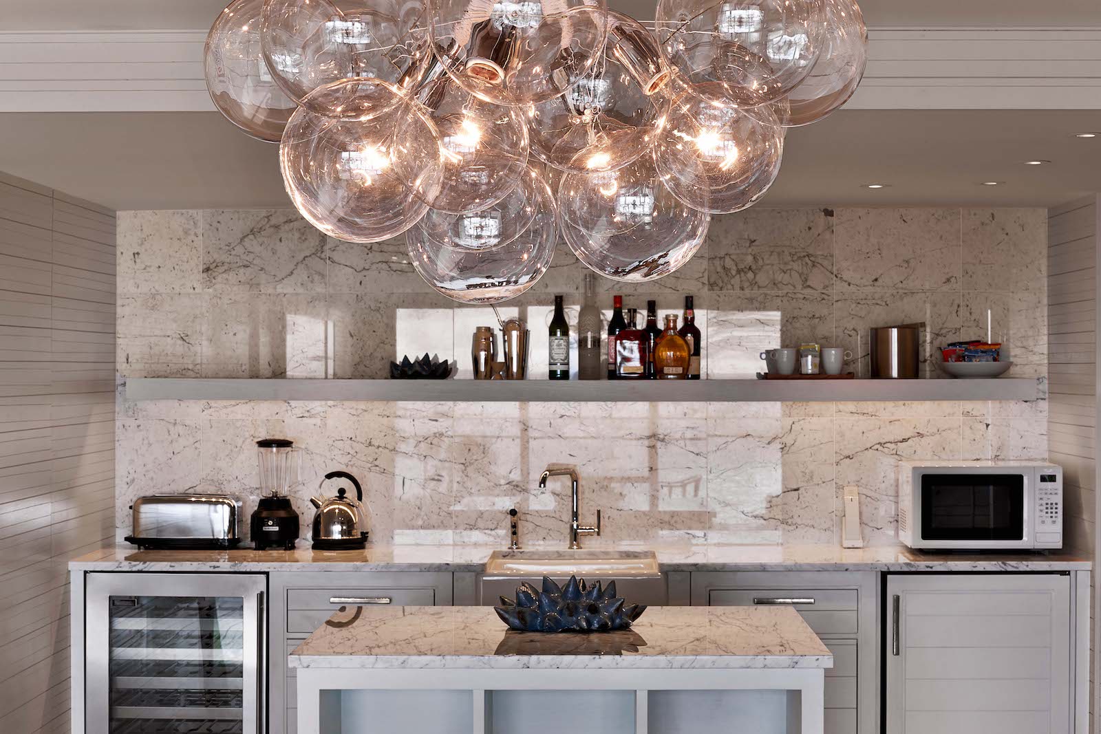 kitchen with marble walls and island