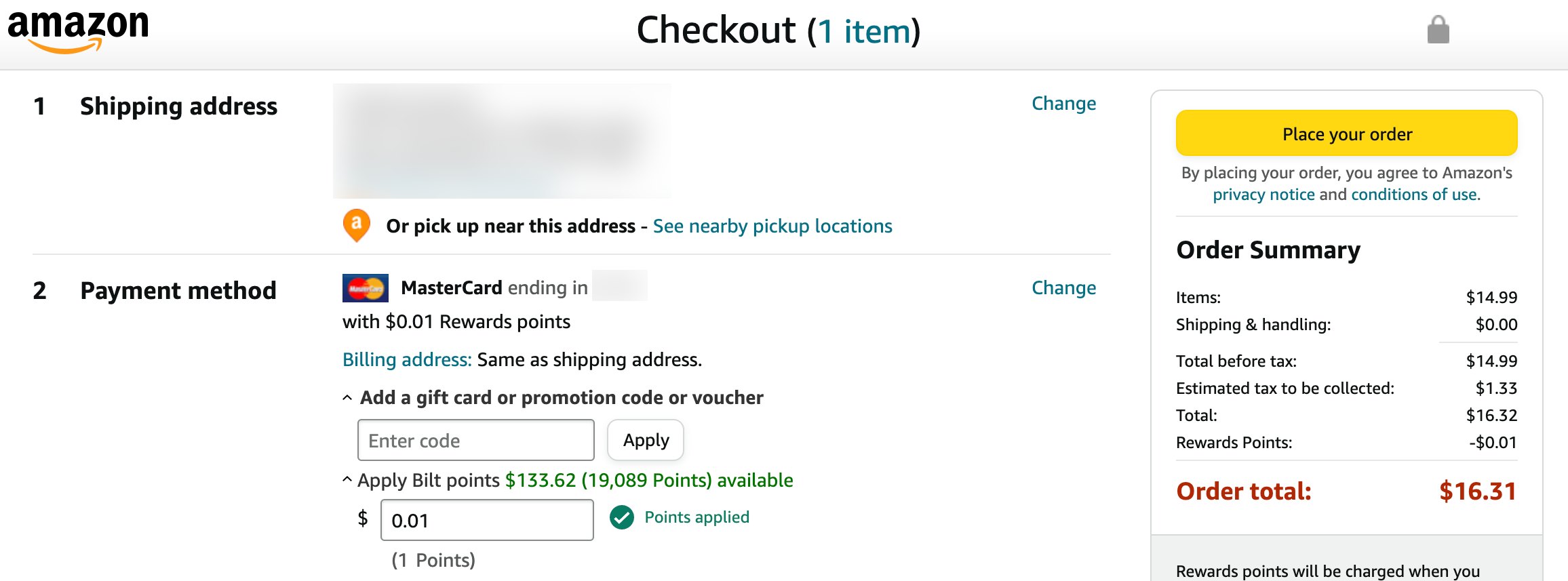 Applying Bilt Rewards points to an Amazon purchase
