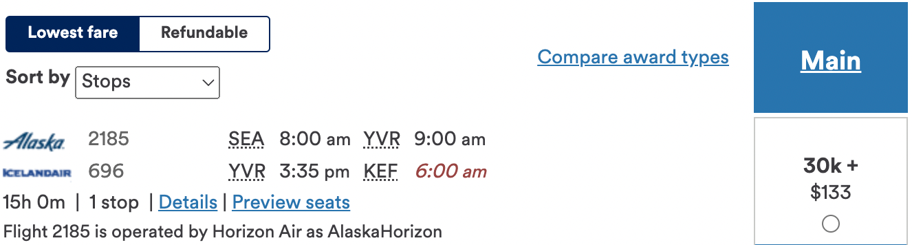 Booking a flight from SEA to KEF using AS miles