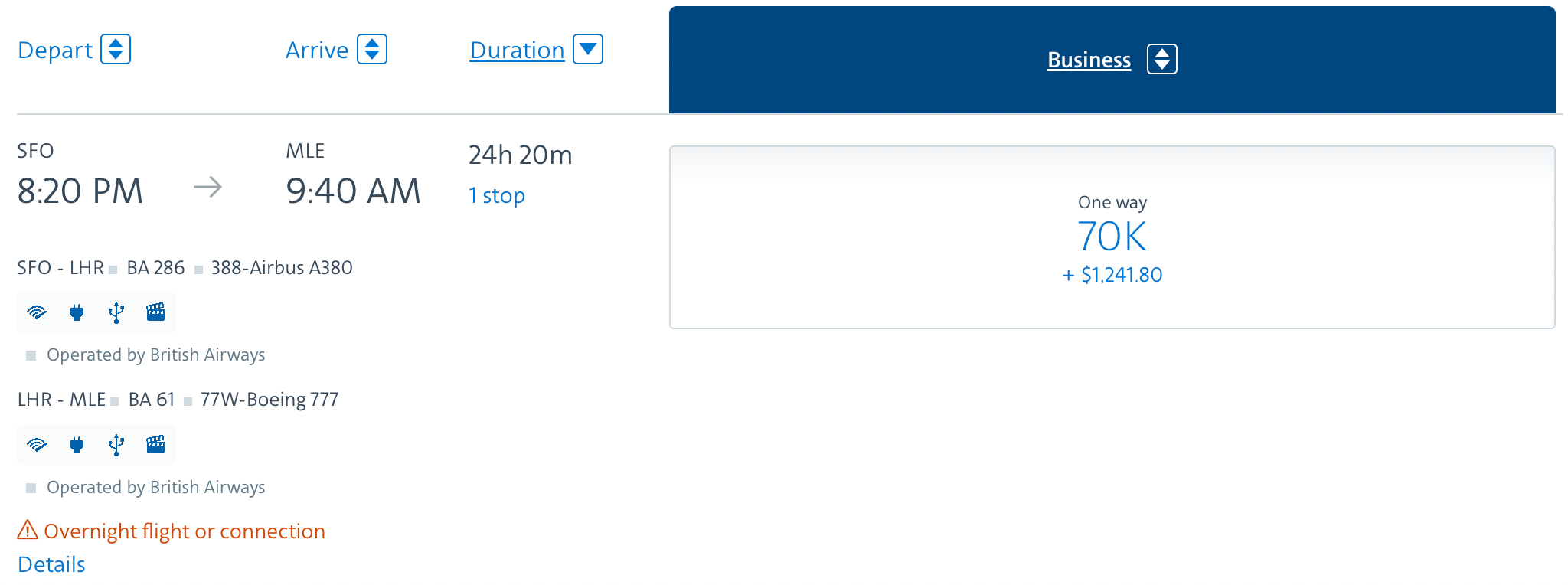 Booking a flight from SFO to MLE using AAdvantage