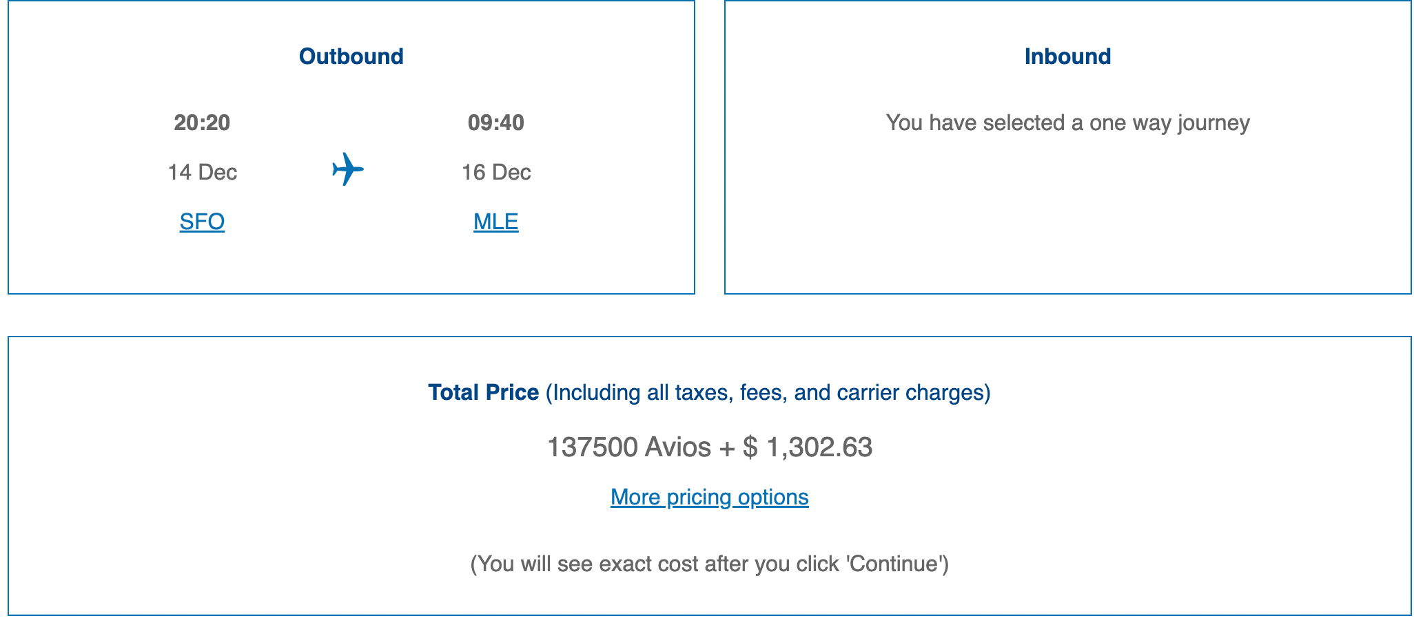 Booking a flight from SFO to MLE using Avios