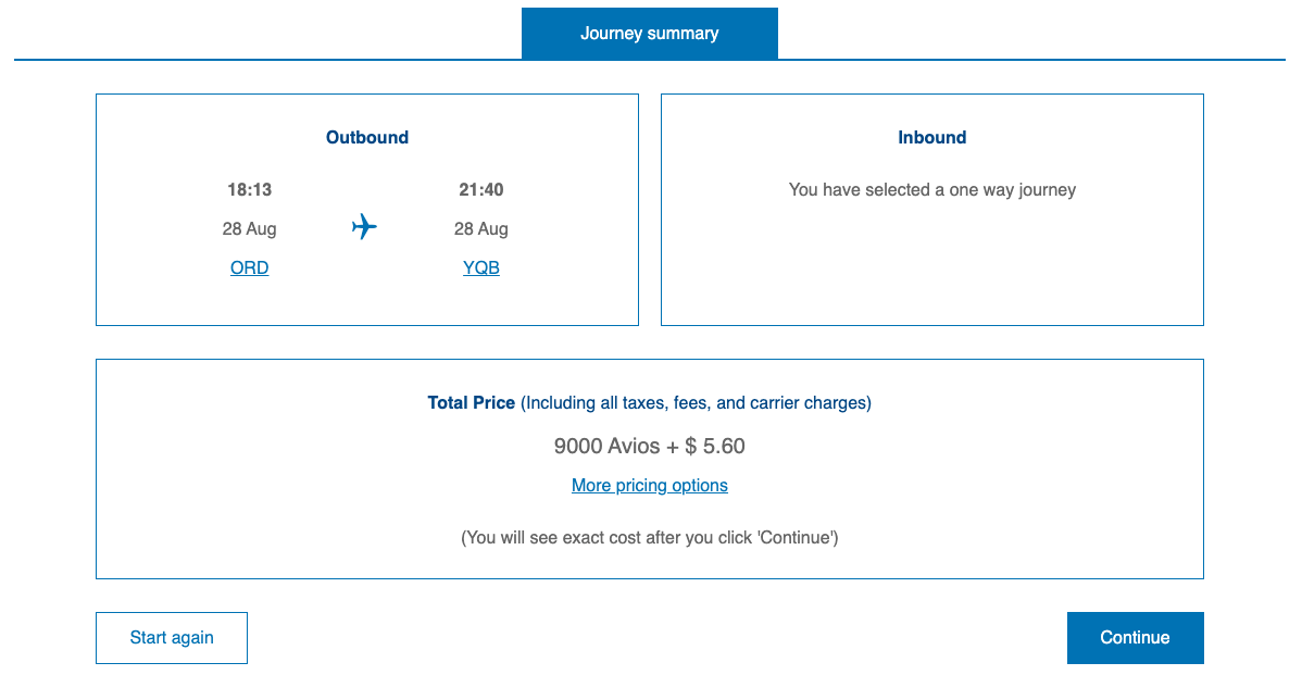 British Airways Award Chicago to Quebec City