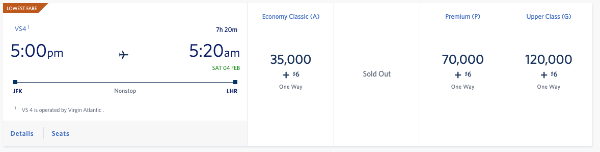 Delta JFK to LHR Virgin Atlantic award