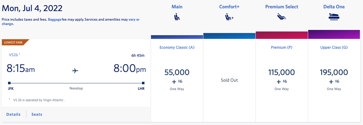 Delta JFK to LHR Virgin Atlantic award close in