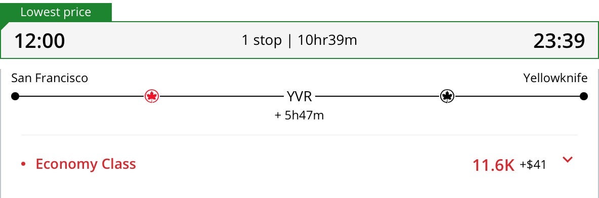 San Francisco to Yellowknife Air Canada award ticket
