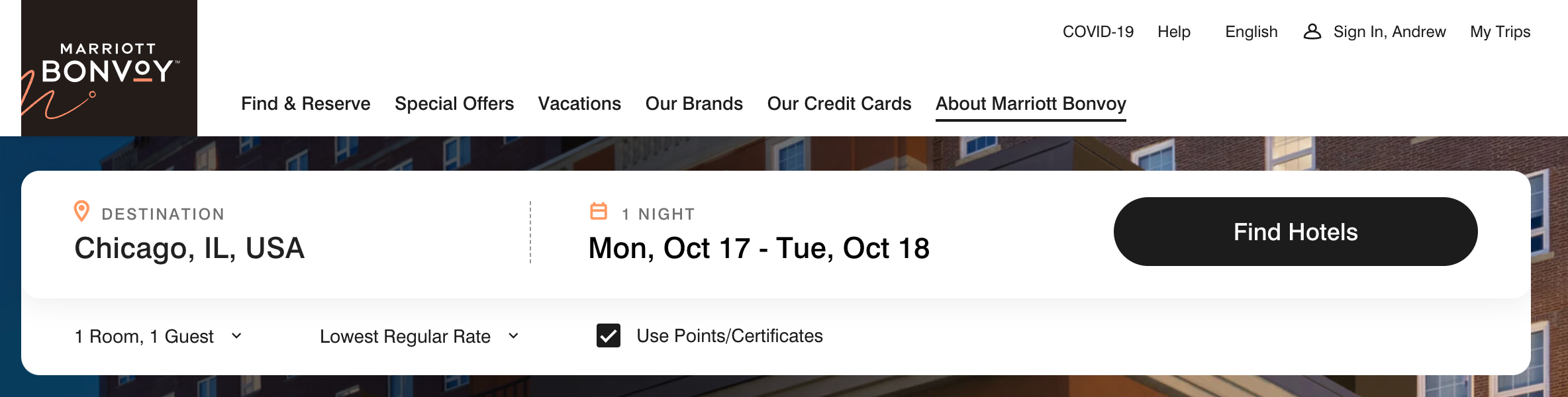 Enter search info on Marriott's website
