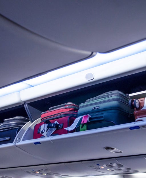 bags in overhead bin of plane