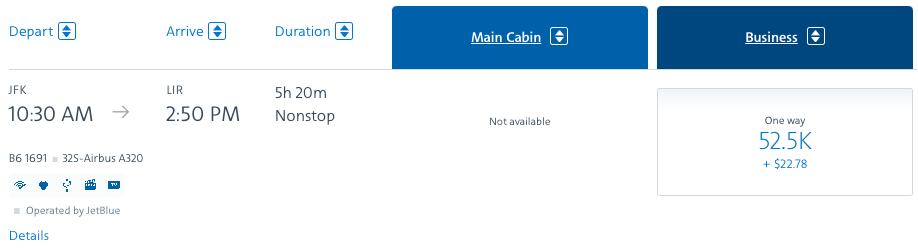 JFK to LIR JetBlue ticket on AA website