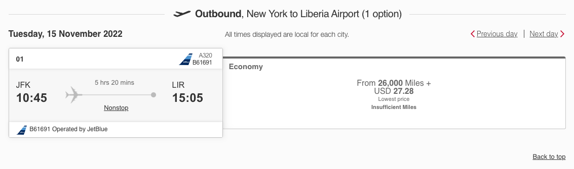 JetBlue economy award from JFK to LIR on Emirates website