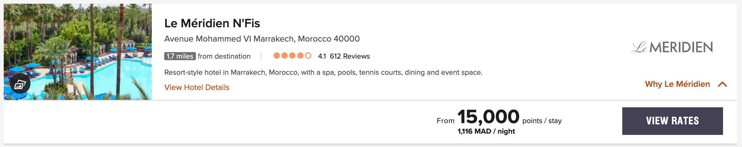 Le Méridien N'Fis award night pricing