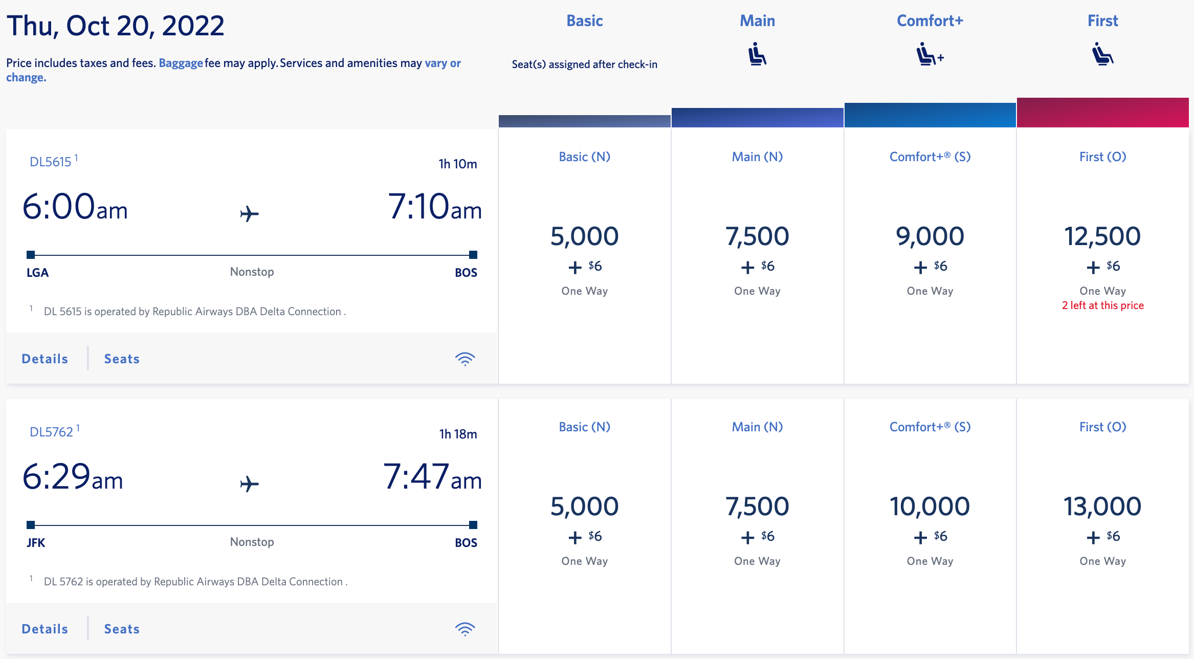 NYC to Boston SkyMiles award pricing
