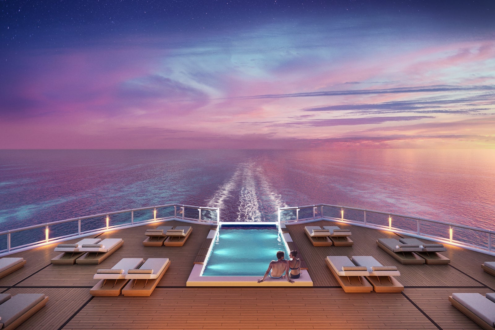 A couple sitting together with their legs dangling into a pool on the aft of a cruise ship looking at a cotton candy-colored sky