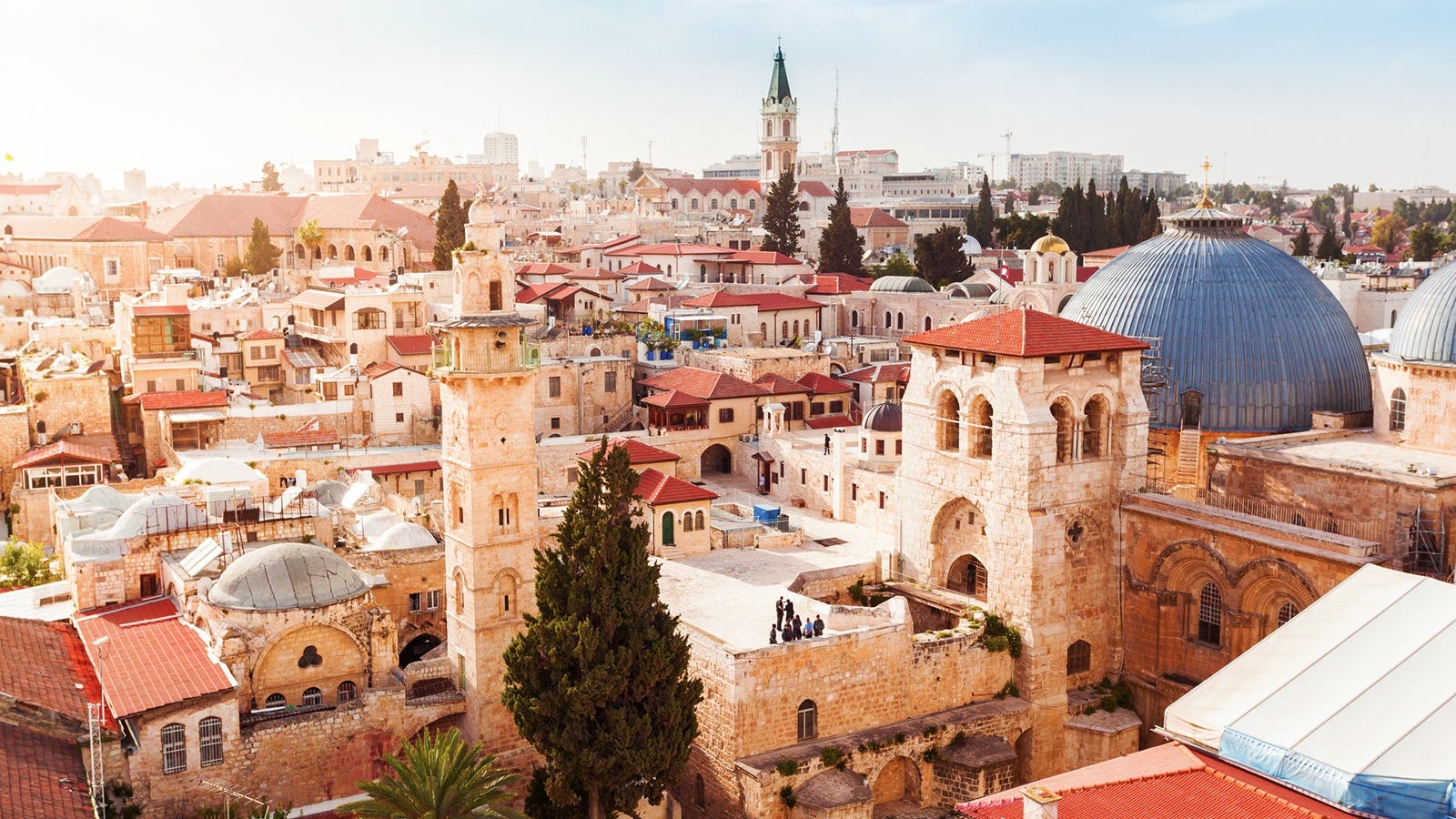 Old City of Jerusalem with the aerial view. View of the Church of the Holy Sepulchre, Israel.
