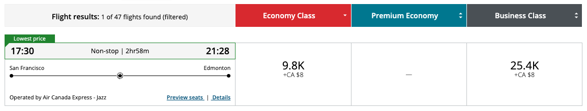 San Francisco to Edmonton Air Canada award