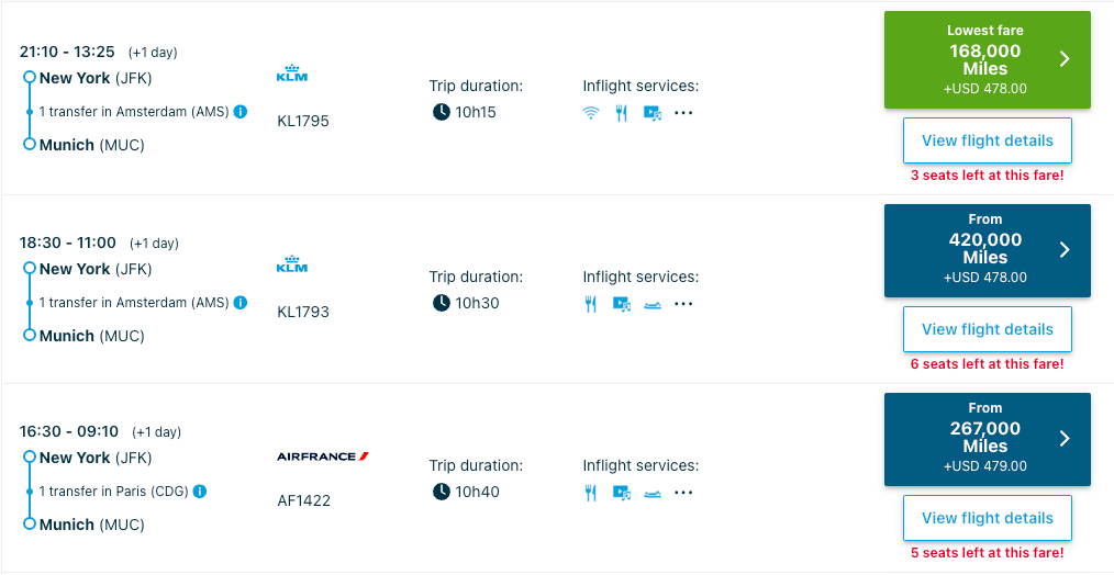 Screenshot of airline prices using miles