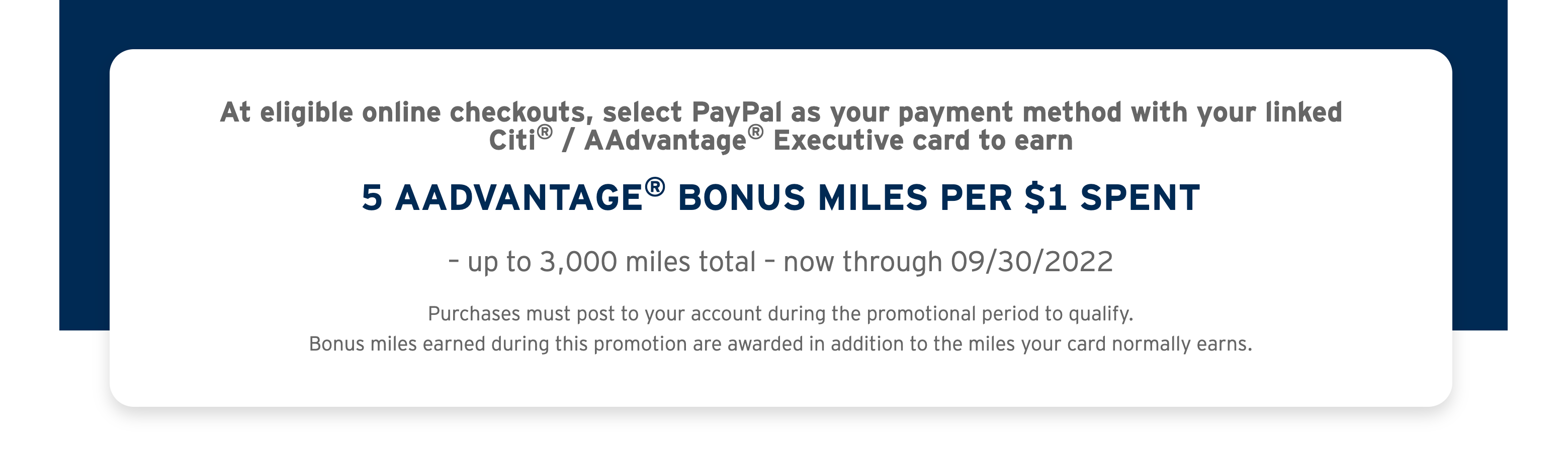 Registration confirmation for a Citi PayPal promotion for 5 bonus American miles per dollar spent
