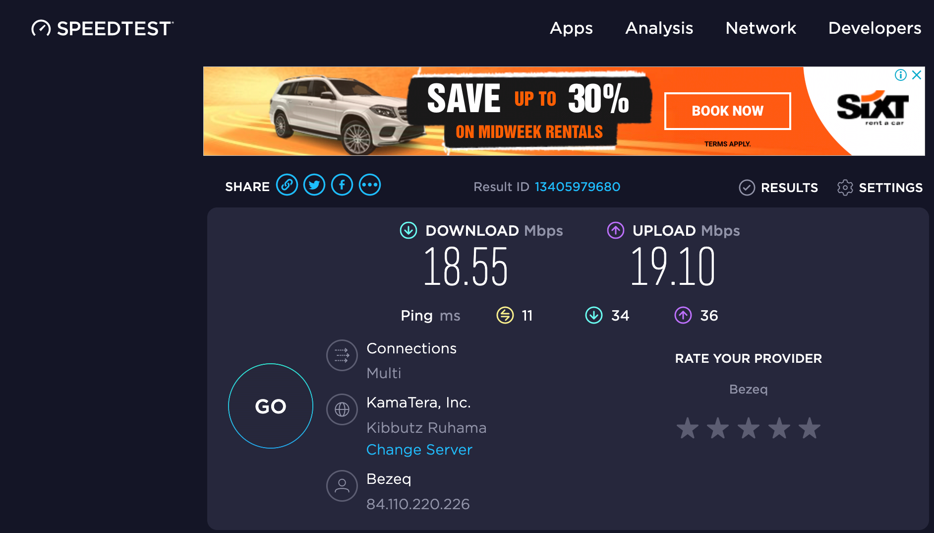 Internet speed test. (Screenshot courtesy Ookla)