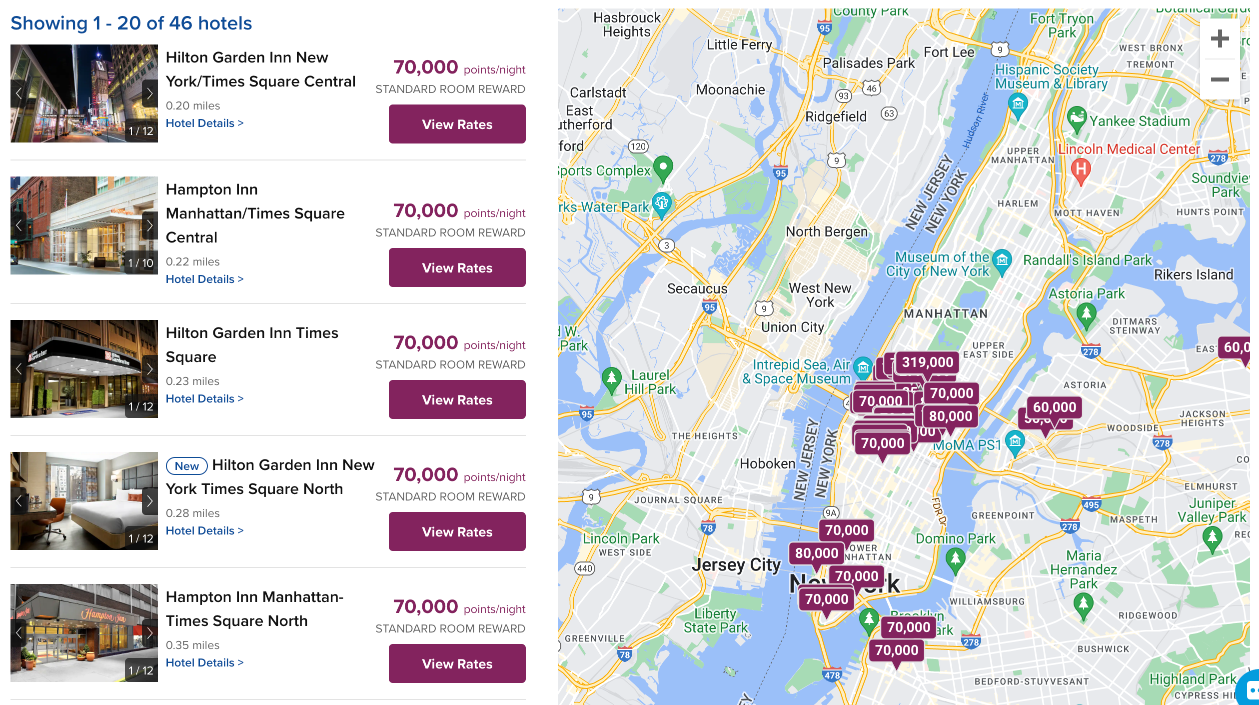 Searching for Hilton hotel award nights in New York