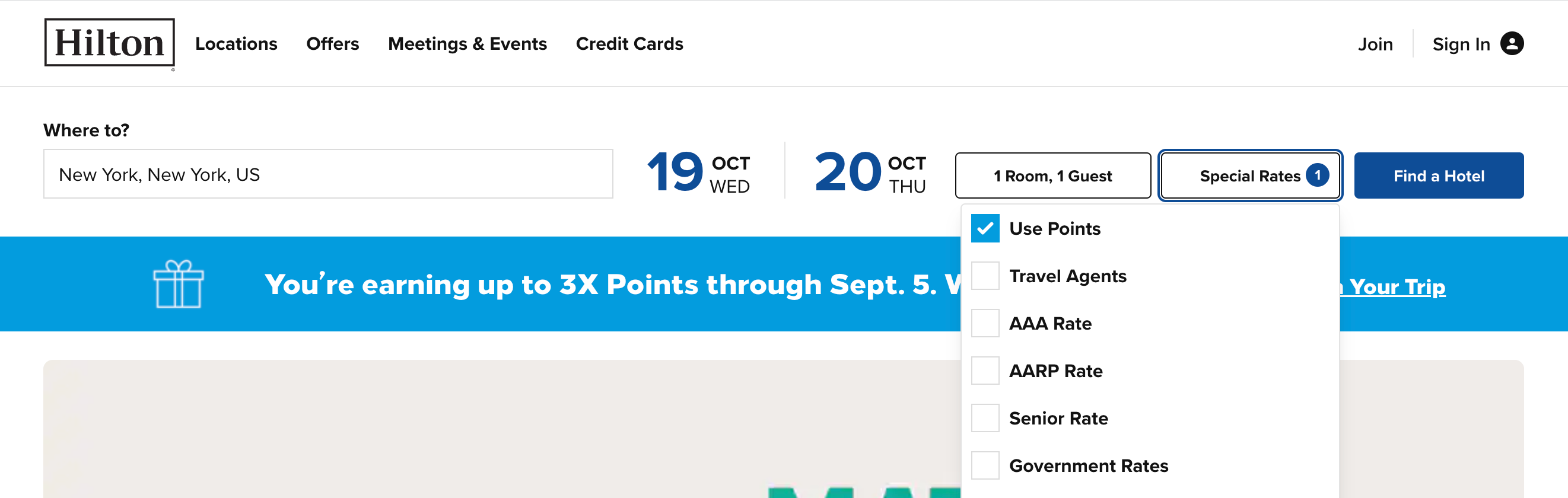 Searching for a hotel on Hilton's website