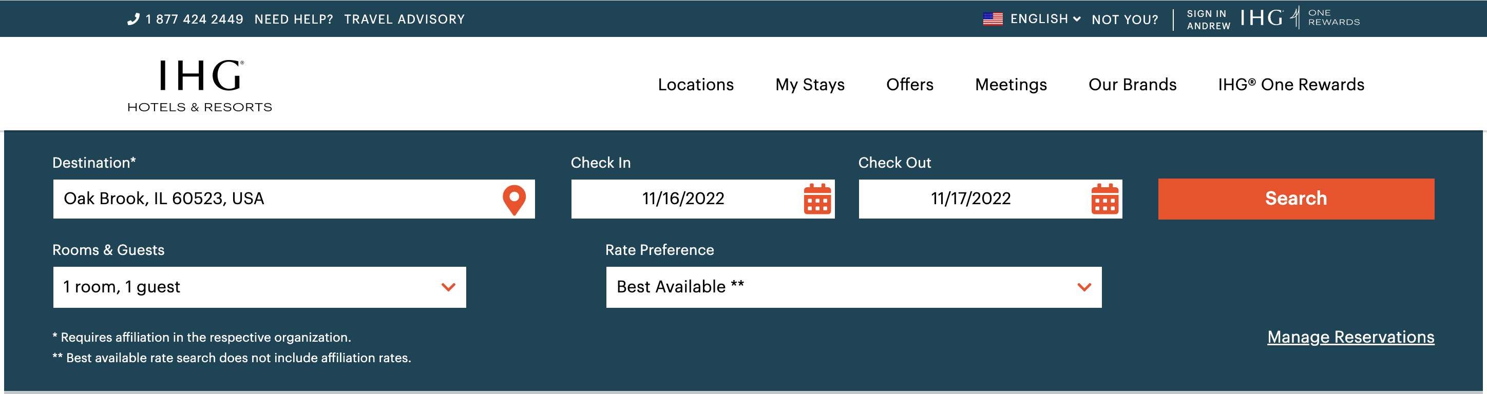 Searching for a hotel stay on the IHG website
