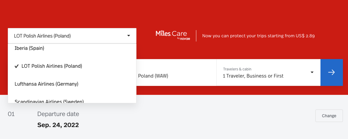 Specifying airline on LifeMiles website
