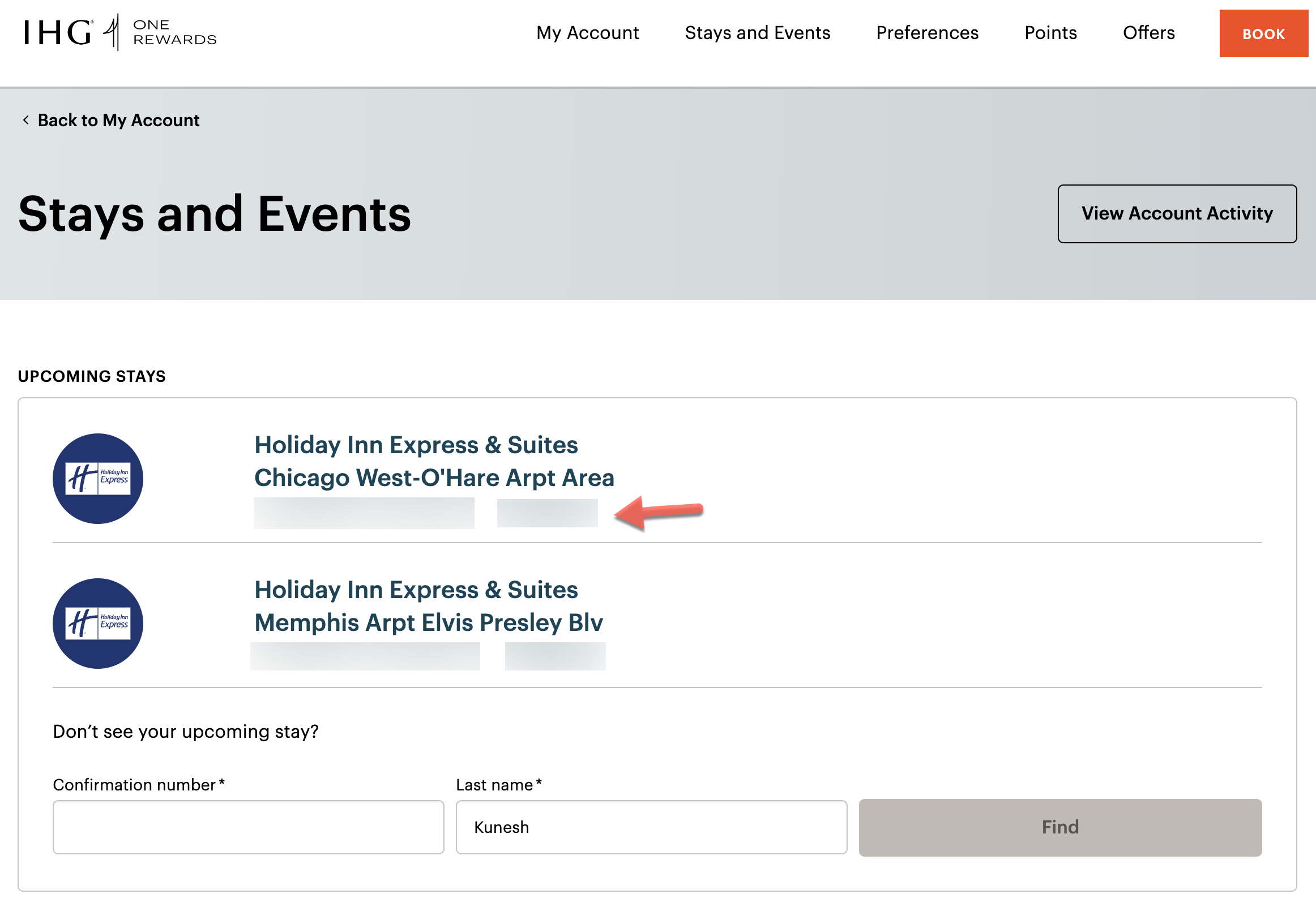 Viewing booked IHG stays on the IHG website