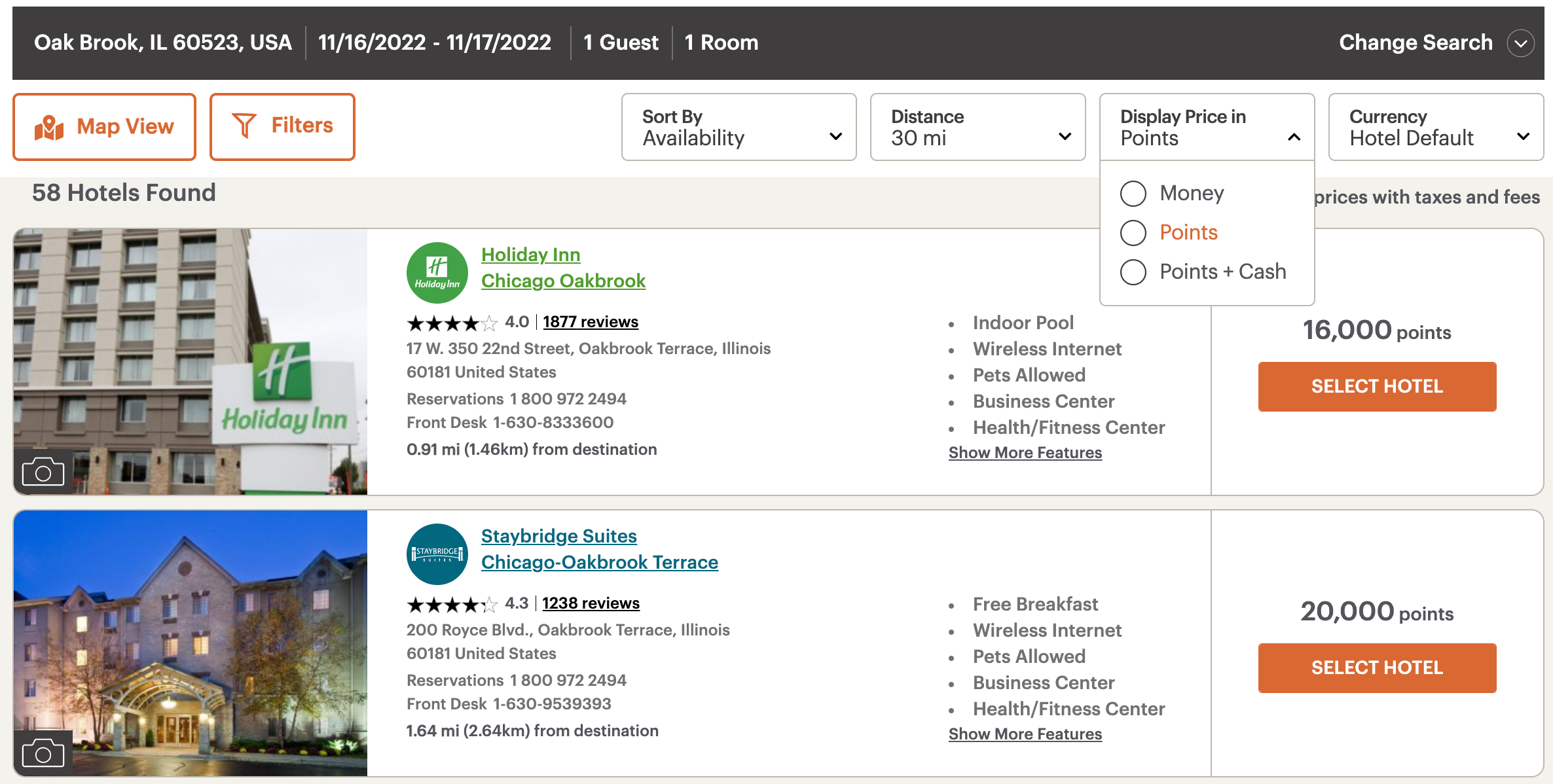 Viewing points prices on the IHG website